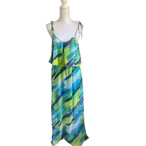 NWT Calvin Klein Spaghetti Strap Maxi Dress Blue/ Green Size 6 ruffled layer - Picture 1 of 13